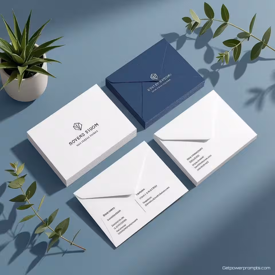 Visitekaartjes, briefpapier en enveloppen, minimalistisch design, schone studiobackground achtergrond, zacht studio licht verlichting, neutrale kleuren kleurenschema, professionele corporate identiteit, samenhangende brand elementen, elegante opstelling, zakelijke kantoorbenodigdheden collectie, premium materialen, brand consistentie, verfijnde presentatie
