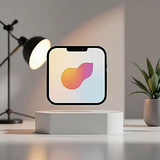 Mobiel app icoon, fotorealistisch, gradiënt achtergrond achtergrond, zachte verlichting verlichting, close-up perspectief, monochroom kleurenschema, digitale merkasset mockup, professionele presentatie, moderne digitale branding, schone interface-elementen, realistische schermweergave, samenhangende digitale identiteit, premium digitale materialen, merkconsistentie over digitale platforms