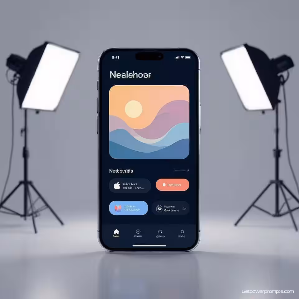 Mobiele app scherm, minimalistisch ontwerp, schone studio achtergrond achtergrond, zacht daglicht verlichting, merk kleuren kleurenschema, frontaal perspectief perspectief, digitale merktoepassing, gebruikersinterface mockup, samenhangend ontwerpsysteem, professionele branding esthetiek, moderne interface-elementen, merkconsistentie over platforms, schone digitale presentatie, realistische schermweergave