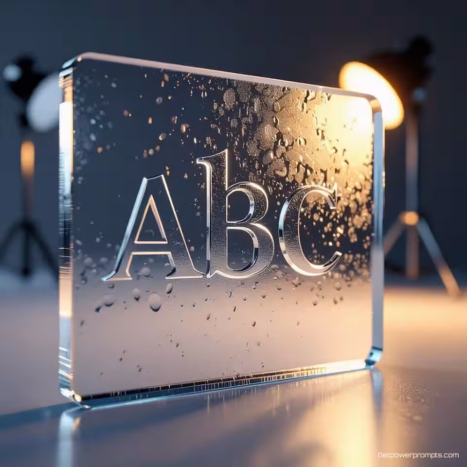 ABC, gegraveerd glasoppervlak, 3D render, studio achtergrond achtergrond, studio verlichting verlichting, monochroom, close-up perspectief, matte textuur, precisie-graveerwerk, lichtdiffusie-effecten, elegante typografie, luxe branding esthetiek