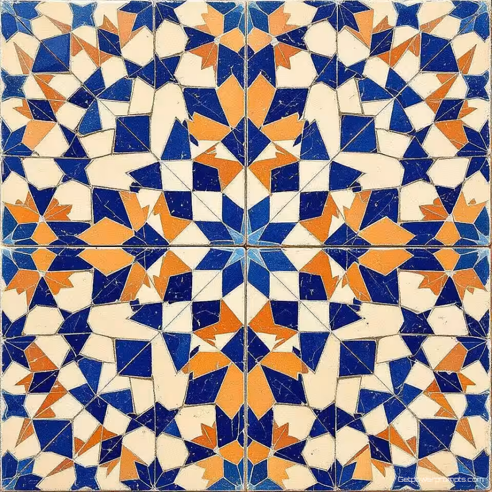 AB, mozaïek tegel kunstwerk, fotorealistisch, wandoppervlak achtergrond, natuurlijk licht verlichting, aardekleuren, centraal perspectief, keramische tegel textuur, voeglijnen, geometrische patronen, traditioneel vakmanschap, decoratief oppervlak, handgelegde tegels, ingewikkelde rangschikking
