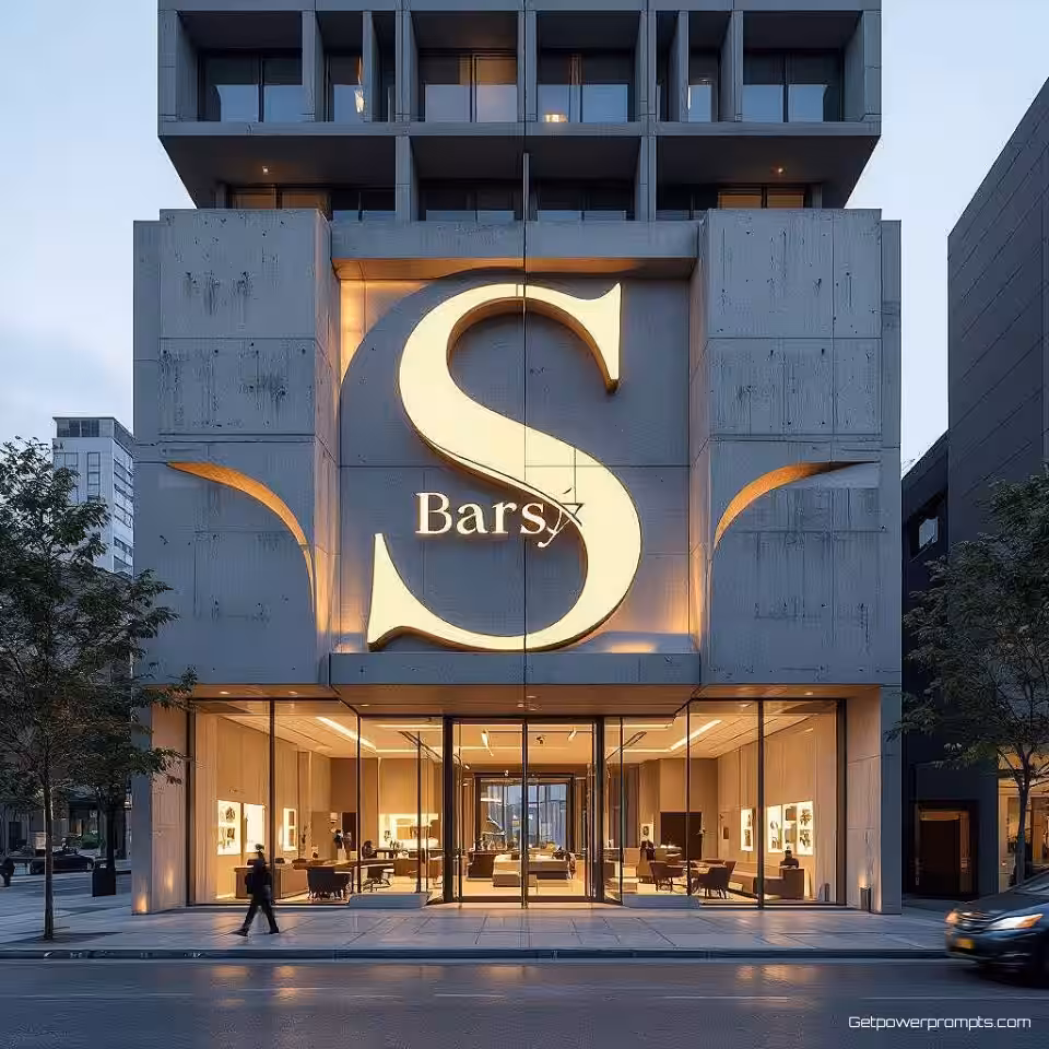 Elegante serif typografie, architecturale integratie, brutalistisch beton gevel, fotorealistische weergave weergave, zacht daglicht verlichting, stedelijke stadscontext omgeving, gebouwoppervlak installatie, professionele corporate identity, geïntegreerde typografie, stedelijk ontwerp esthetiek, realistische materiaaltextuur, contextuele branding