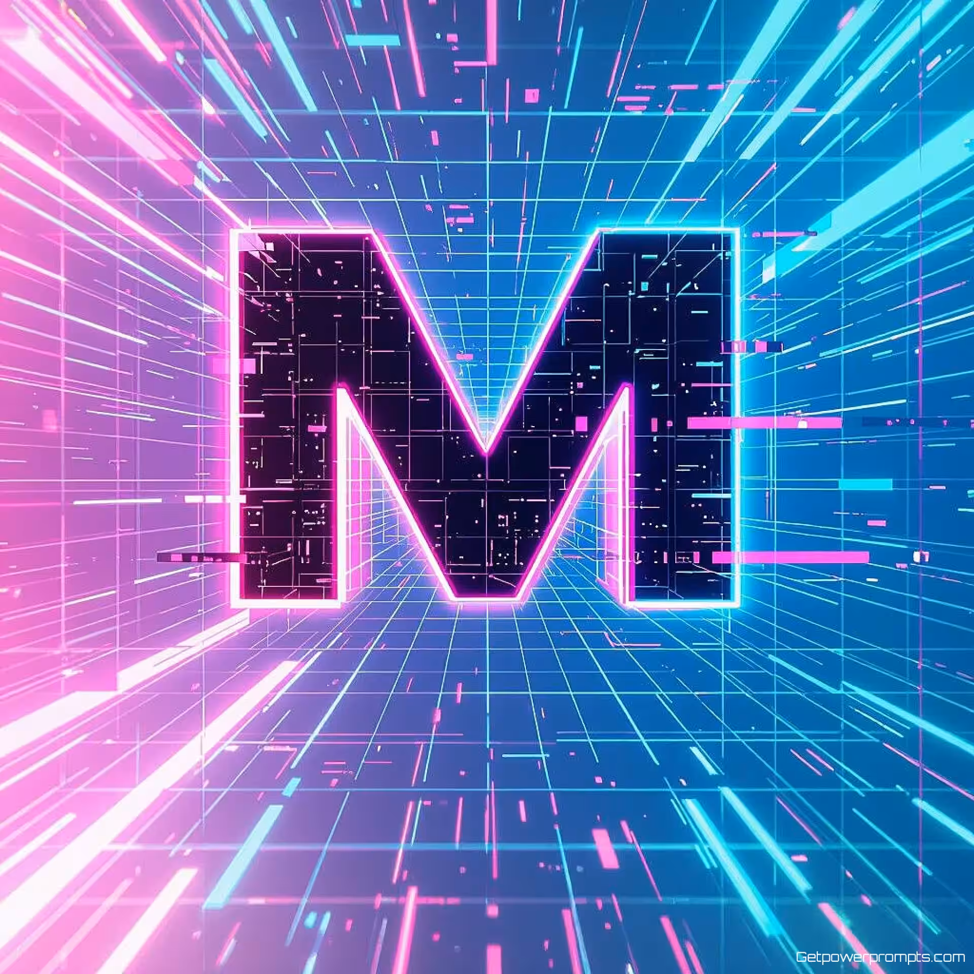 M, digitale glitch digitale glitch kunst, neon cyberpunk kleurenschema, abstract digitaal achtergrond, neon gloed verlichting, vervormde typografie, digitale corruptie-effecten, pixelverplaatsing, data visualisatie esthetiek, moderne branding, abstract digitaal kunstwerk, levendige kleurvervorming, technologische kunststijl