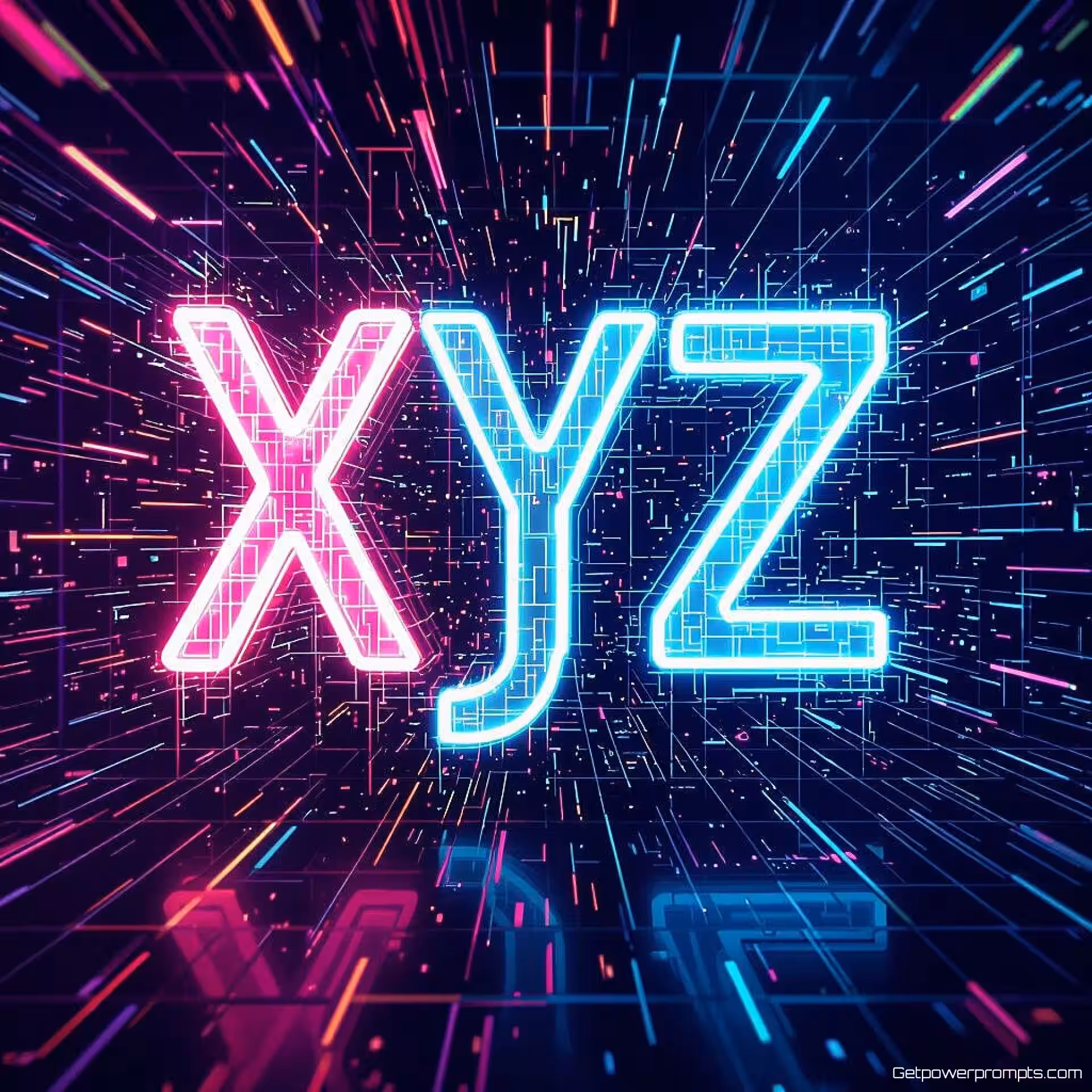 XYZ, digitale glitch digitale glitch kunst, neon cyberpunk kleurenschema, abstract digitaal achtergrond, neon gloed verlichting, vervormde typografie, digitale corruptie-effecten, pixelverplaatsing, data visualisatie esthetiek, moderne branding, abstract digitaal kunstwerk, levendige kleurvervorming, technologische kunststijl