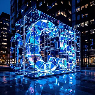 Schone geometrische lettervorm, transparant holografisch effect digitale projectiemapping, gladde moderne gevel architectonisch oppervlak, bewegende lichtstralen verlichting, fel neon kleurenpalet kleurenschema, dynamische typografie-animatie, gebouwgevelinstallatie, meeslepende digitale kunst, bewegende lichtpatronen, professionele eventbranding, grootschalige projectie, interactieve lichteffecten, stedelijke kunstinstallatie, hedendaagse technologie-integratie