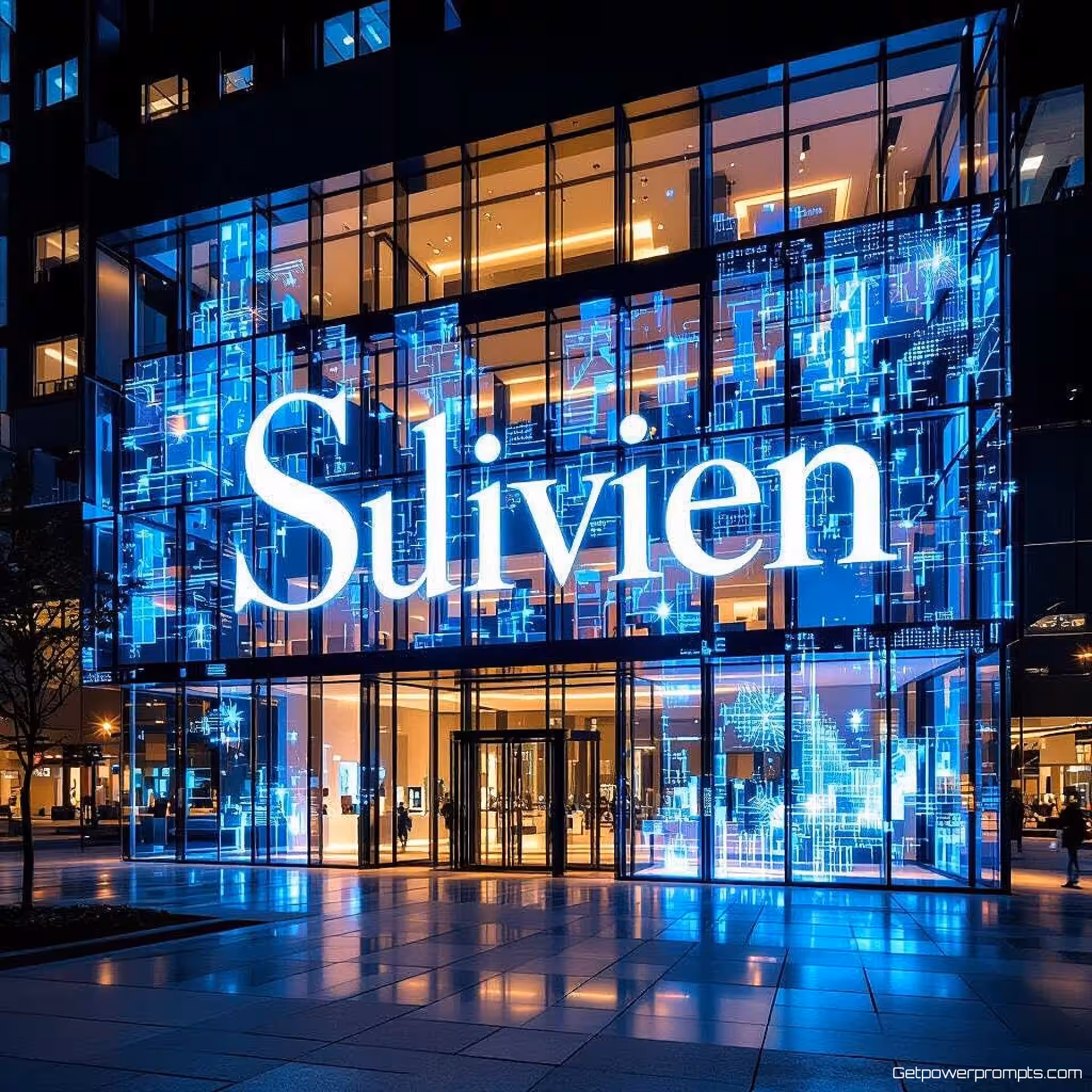 Elegante serif-typografie, transparant holografisch effect digitale projectiemapping, gladde moderne gevel architectonisch oppervlak, bewegende lichtstralen verlichting, fel neon kleurenpalet kleurenschema, dynamische typografie-animatie, gebouwgevelinstallatie, meeslepende digitale kunst, bewegende lichtpatronen, professionele eventbranding, grootschalige projectie, interactieve lichteffecten, stedelijke kunstinstallatie, hedendaagse technologie-integratie