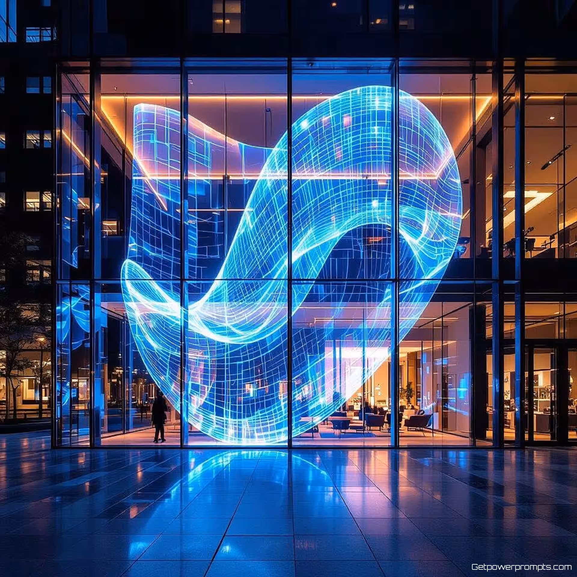 Minimalistisch abstract merk, transparant holografisch effect digitale projectiemapping, gladde moderne gevel architectonisch oppervlak, bewegende lichtstralen verlichting, fel neon kleurenpalet kleurenschema, dynamische typografie-animatie, gebouwgevelinstallatie, meeslepende digitale kunst, bewegende lichtpatronen, professionele eventbranding, grootschalige projectie, interactieve lichteffecten, stedelijke kunstinstallatie, hedendaagse technologie-integratie