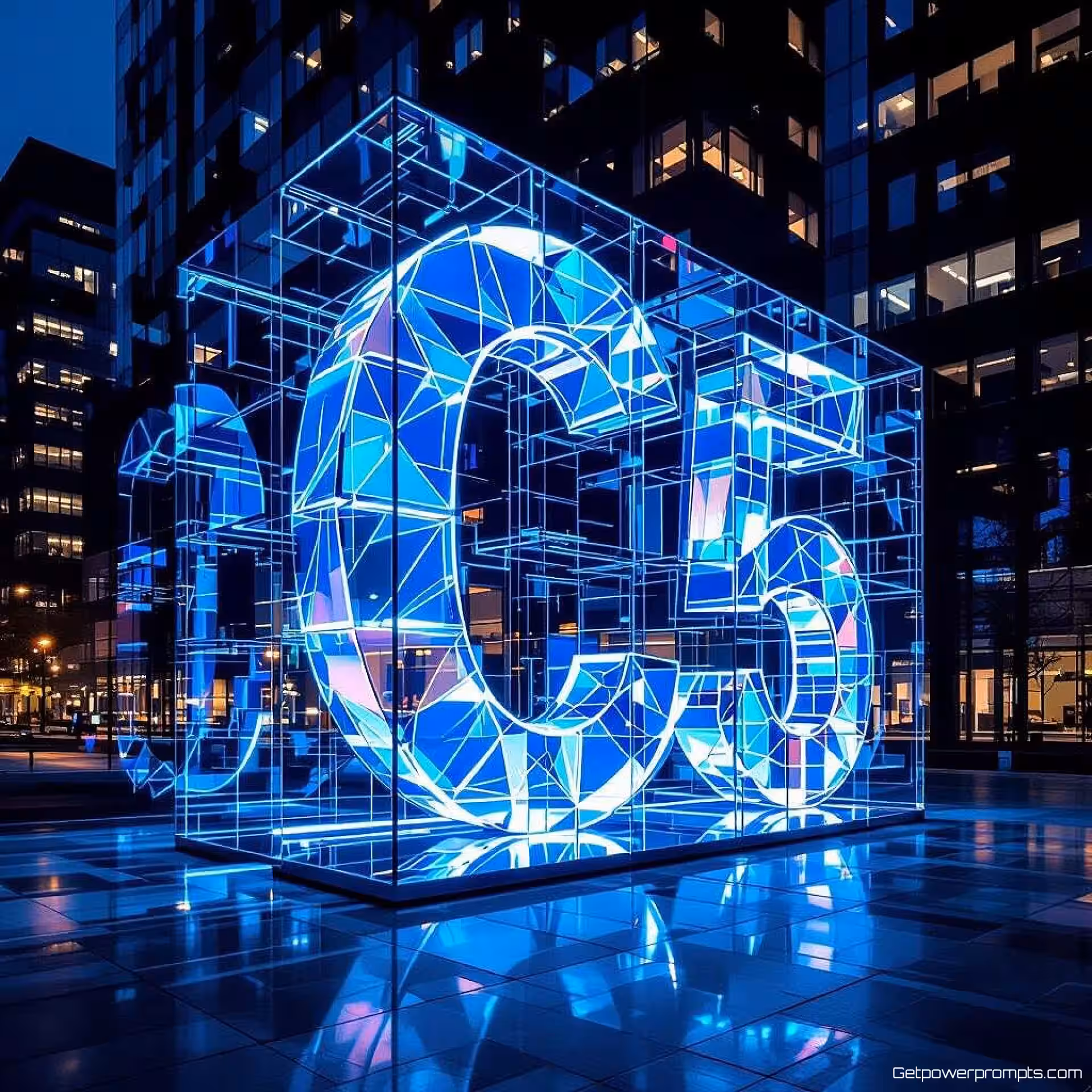Schone geometrische lettervorm, transparant holografisch effect digitale projectiemapping, gladde moderne gevel architectonisch oppervlak, bewegende lichtstralen verlichting, fel neon kleurenpalet kleurenschema, dynamische typografie-animatie, gebouwgevelinstallatie, meeslepende digitale kunst, bewegende lichtpatronen, professionele eventbranding, grootschalige projectie, interactieve lichteffecten, stedelijke kunstinstallatie, hedendaagse technologie-integratie