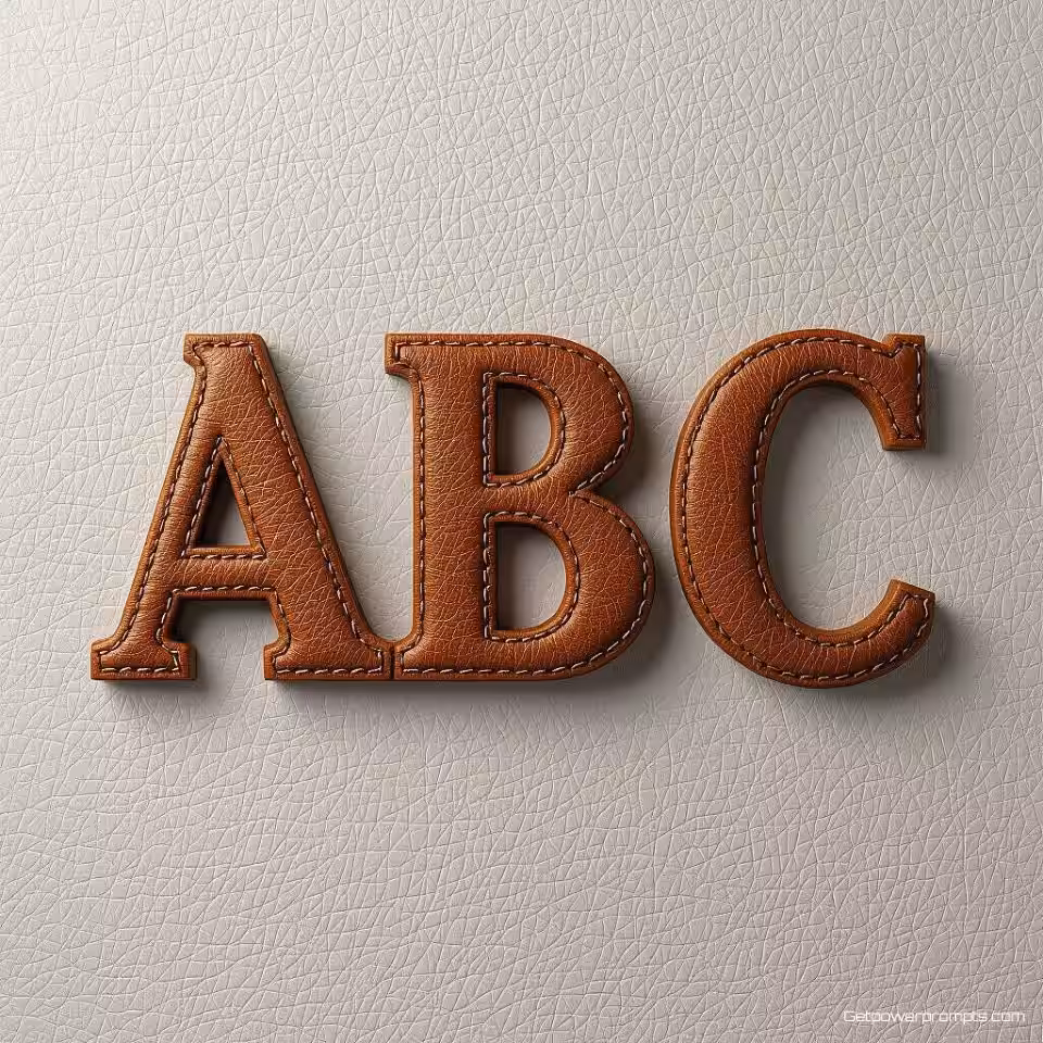 ABC monogram, leer oppervlak, geëmbosseerde letters, studiobelichting verlichting, witte achtergrond achtergrond, fotorealistische mockup, tactiele textuur, professionele branding, gedetailleerde close-up, realistische materiaalweergave