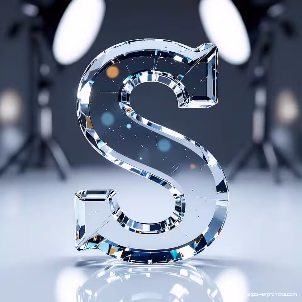 Elegante S letter, kristal glas glasoppervlak, fotorealistisch weergave, studioverlichting verlichting, witte achtergrond achtergrond, gegraveerde typografie, transparant materiaal, professionele branding, gedetailleerde close-up, realistische glastextuur, lichtbrekingseffecten