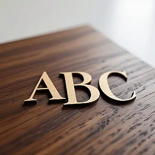 ABC monogram, donkere walnoot oppervlak, laser gegraveerde typografie, fotorealistisch weergave, studiobelichting verlichting, effen zwart achtergrond, gedetailleerde houtnervatuur, professionele branding, precieze laseretsing, natuurlijk materiaal esthetiek, realistisch houtoppervlak, modern vakmanschap