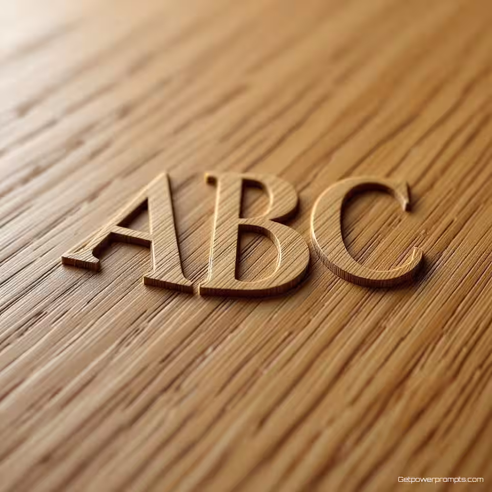 ABC monogram, lichte eik oppervlak, laser gegraveerde typografie, fotorealistisch weergave, studiobelichting verlichting, effen zwart achtergrond, gedetailleerde houtnervatuur, professionele branding, precieze laseretsing, natuurlijk materiaal esthetiek, realistisch houtoppervlak, modern vakmanschap