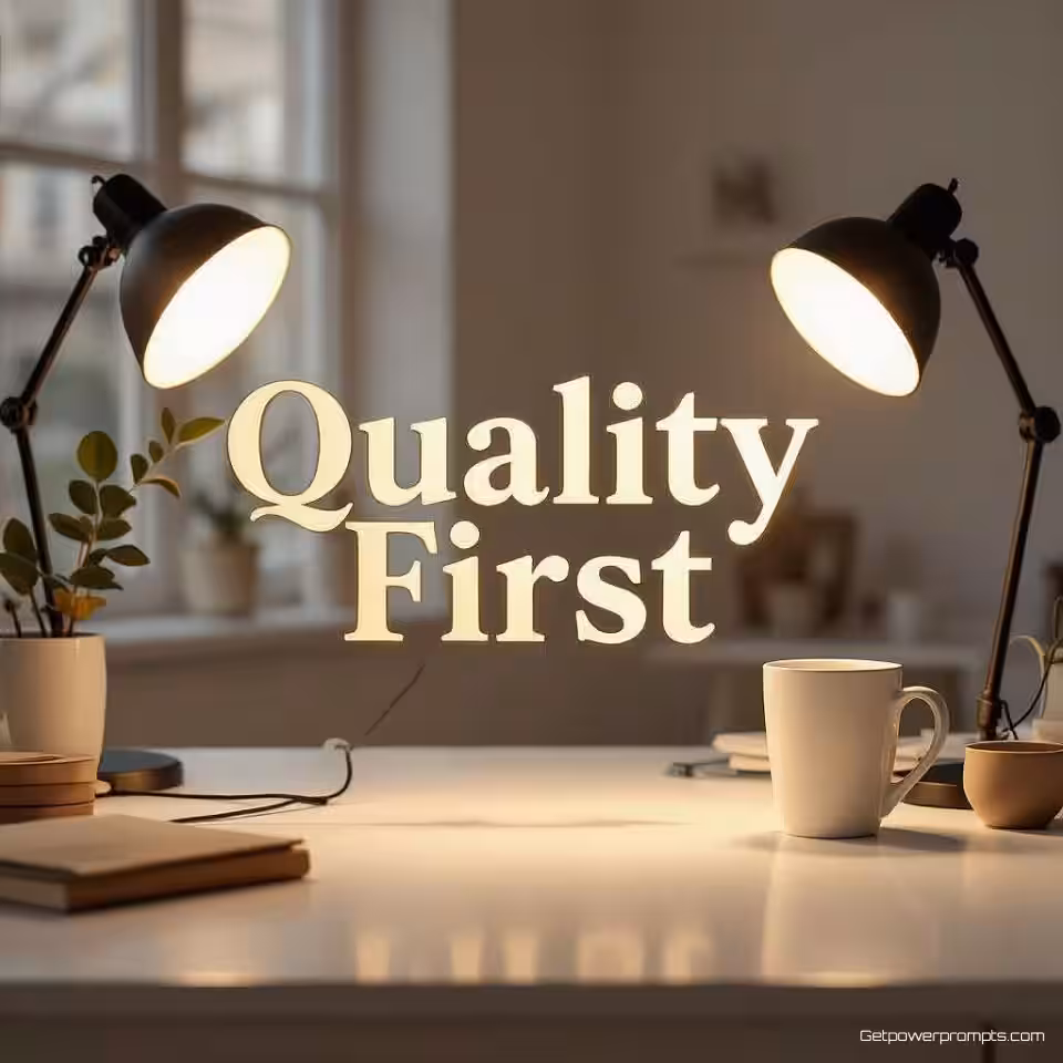 Kwaliteit Eerst, minimalistisch typografie ontwerp, schone witte achtergrond, warme tonen, centraal uitgelijnd lay-out, zacht licht verlichting, professioneel sfeer, lettervorm kunst, visuele identiteit, creatieve branding, artistieke tekstcompositie