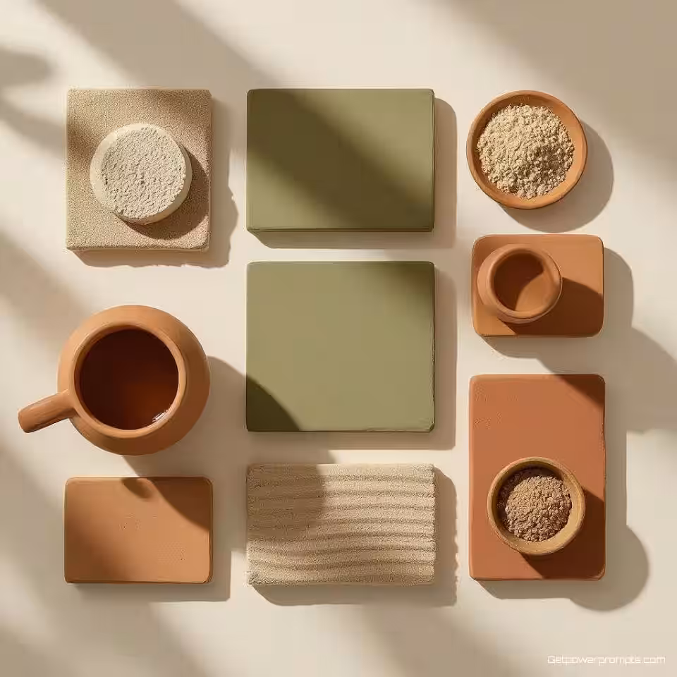 Terracotta, zand, olijfgroen, warm bruin, minimalistisch kleurvisualisatie, schoon wit achtergrond, gelijkmatig verdeeld lay-out, zacht natuurlijk licht belichting, rustgevend atmosfeer, kleurentheorie toepassing, merkidentiteit, harmonieuze rangschikking, visueel evenwicht, professioneel design esthetiek