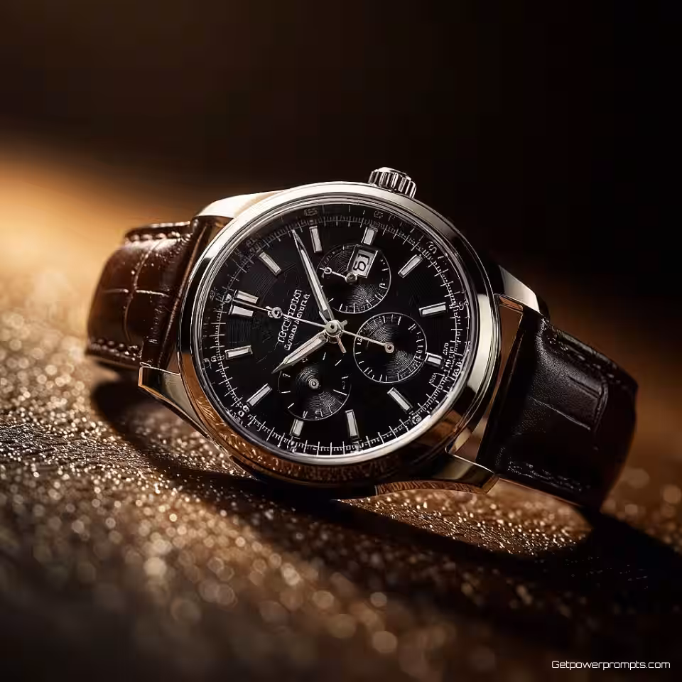 Luxe polshorloge, cinematografische productfotografie, dramatische zijbelichting belichting, donkere studio achtergrond achtergrond, dramatische sfeer, hero shot compositie perspectief, cinematografische kadrering, professionele reclame, hoogwaardige commerciële esthetiek, warme tonen palet