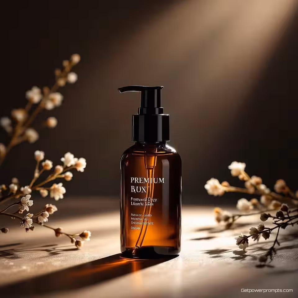 Premium huidverzorgingsproduct, cinematografische productfotografie, dramatische zijbelichting belichting, donkere studio achtergrond achtergrond, dramatische sfeer, hero shot compositie perspectief, cinematografische kadrering, professionele reclame, hoogwaardige commerciële esthetiek, warme tonen palet