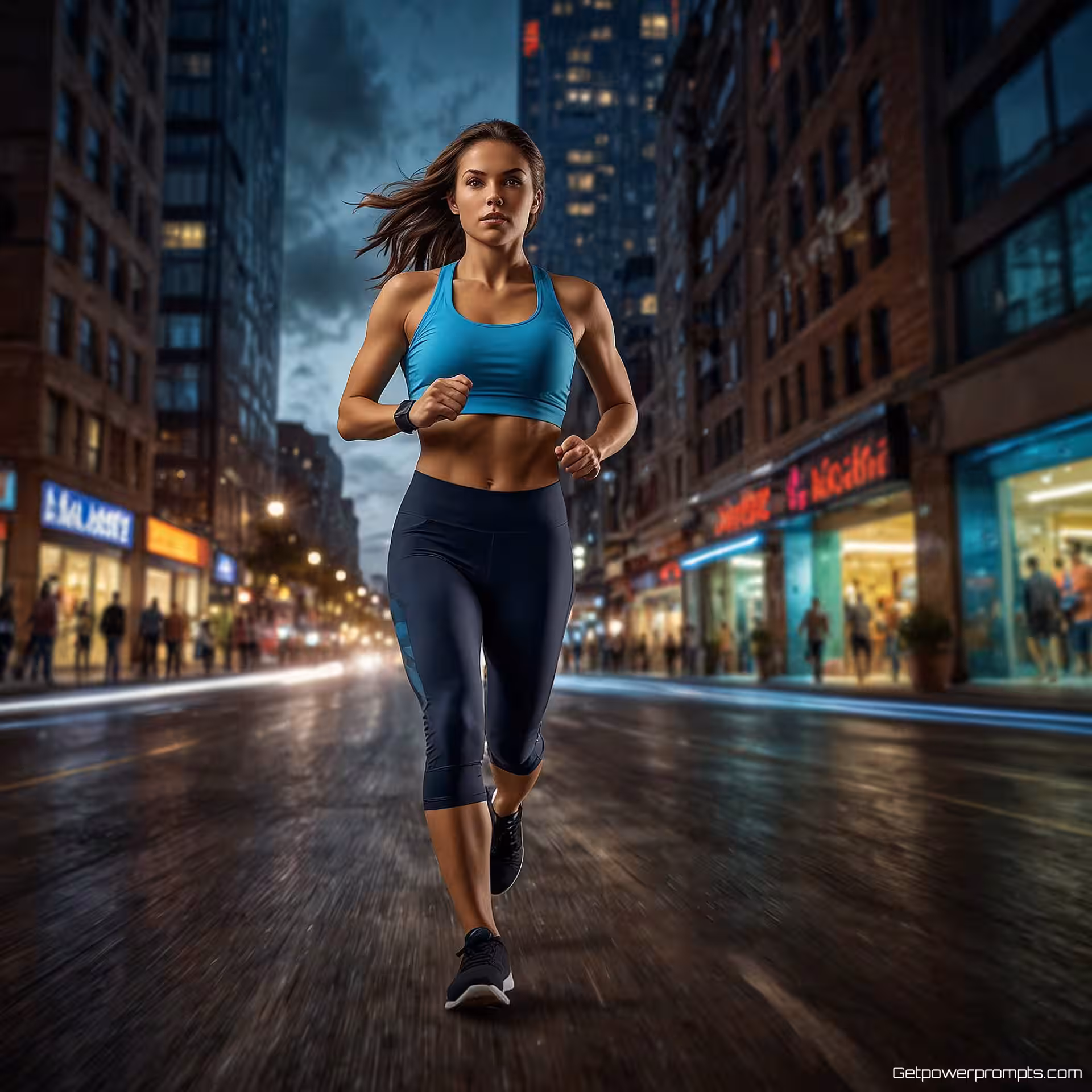 Slimme fitnesstracker, actiefotografie, hoogenergetisch en levendig sfeer, stadstraat met gebouwen achtergrond, theatrale schaduwen en highlights verlichting, bewegingsonscherpte effect, dynamische compositie, commerciële advertentiestijl, levendige kleuren, energieke beweging, nauwkeurige fotografische weergave