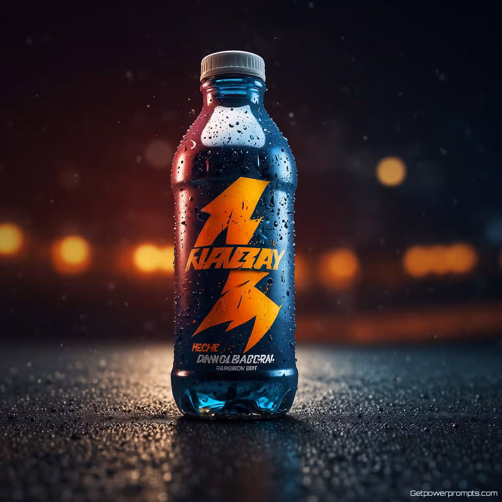 Koolzuurhoudende energiedrank, actiefotografie, gefocust en krachtig sfeer, atletiekbaan of veld achtergrond, fel kunstlicht verlichting, bewegingsonscherpte effect, dynamische compositie, commerciële advertentiestijl, levendige kleuren, energieke beweging, moderne grafische ontwerpstijl