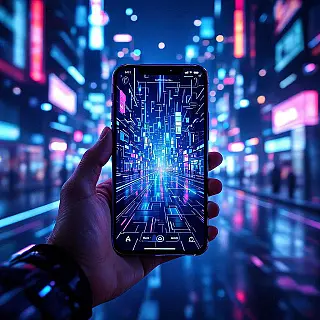 Smartphone, futuristische digitale kunst, cyberpunk weergave, futuristische stad achtergrond, neon gloed verlichting, neon, holografische effecten, gloeiende elementen, moderne advertentie-esthetiek, cyberpunk sfeer, commerciële display advertentie, scherpe focus, dynamische compositie
