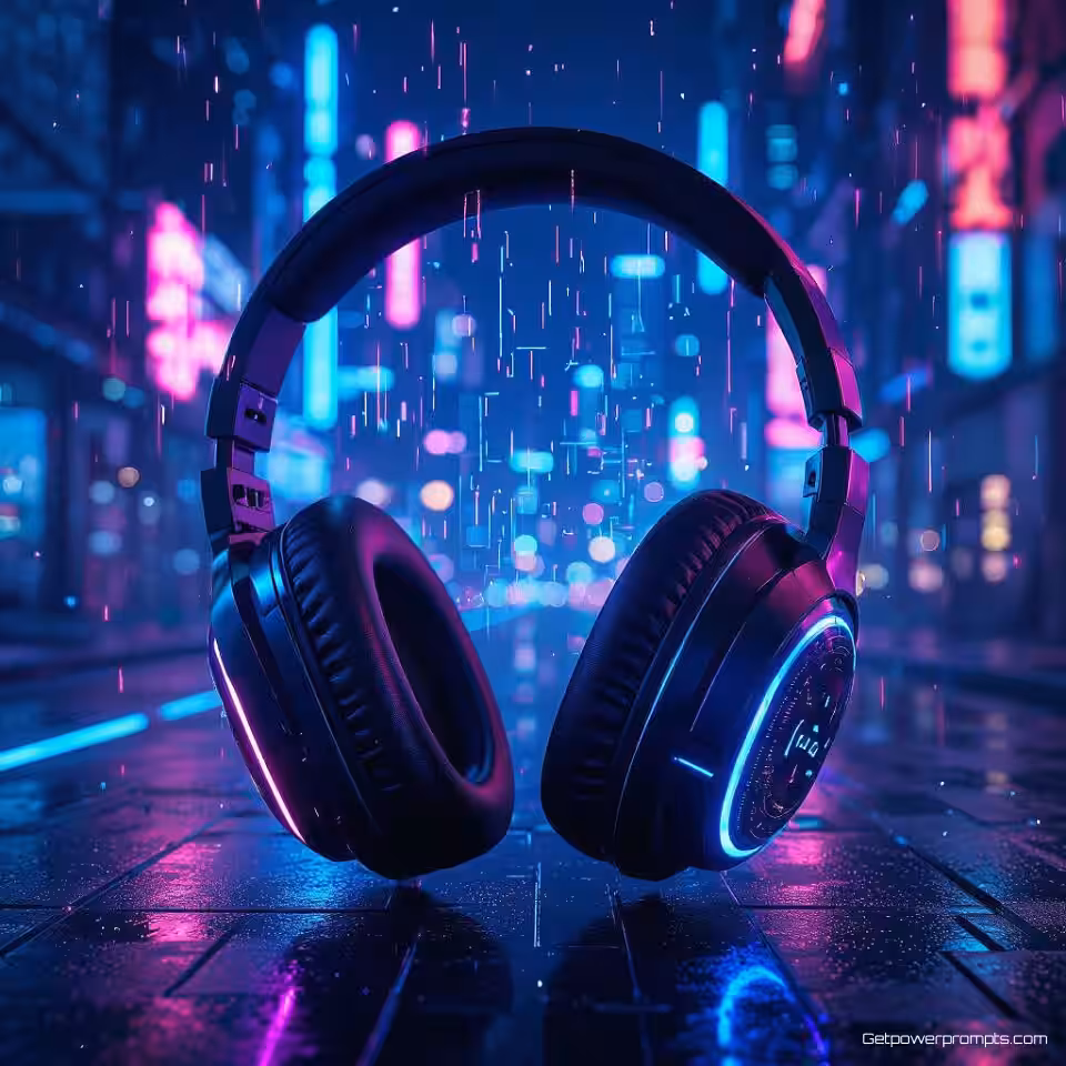 Hoofdtelefoon, futuristische digitale kunst, cyberpunk weergave, futuristische stad achtergrond, neon gloed verlichting, neon, holografische effecten, gloeiende elementen, moderne advertentie-esthetiek, cyberpunk sfeer, commerciële display advertentie, scherpe focus, dynamische compositie