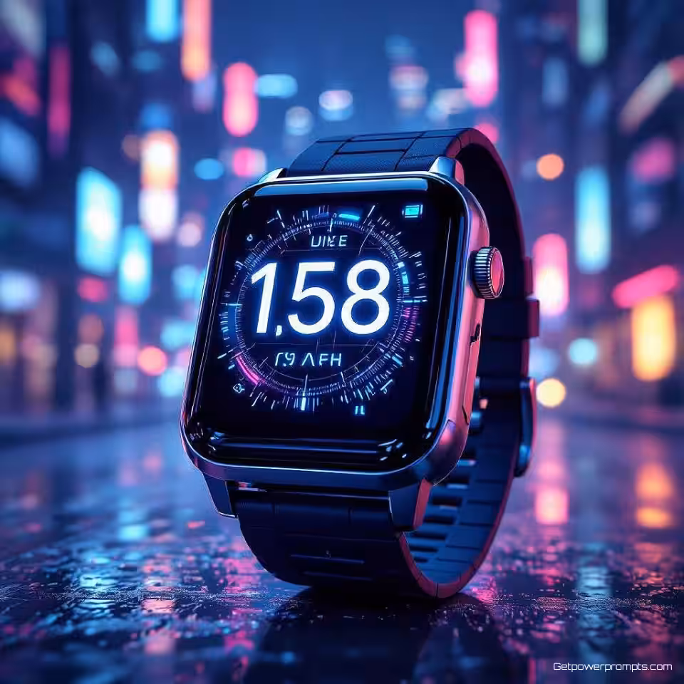 Smart Watch, futuristische digitale kunst, cyberpunk weergave, futuristische stad achtergrond, neon gloed verlichting, neon, holografische effecten, gloeiende elementen, moderne advertentie-esthetiek, cyberpunk sfeer, commerciële display advertentie, scherpe focus, dynamische compositie