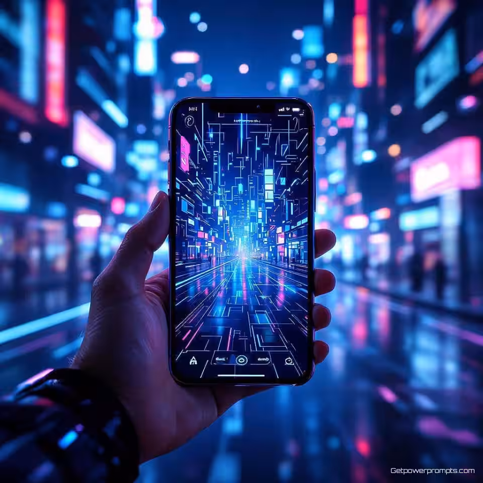 Smartphone, futuristische digitale kunst, cyberpunk weergave, futuristische stad achtergrond, neon gloed verlichting, neon, holografische effecten, gloeiende elementen, moderne advertentie-esthetiek, cyberpunk sfeer, commerciële display advertentie, scherpe focus, dynamische compositie