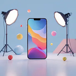 Smartphone, geometrische abstracte kunst, 3D-rendering weergave, gradiënt achtergrond, studiobelichting verlichting, pastelkleuren, moderne advertentie-esthetiek, schone lijnen, gestructureerde compositie, professionele displayadvertentie, scherpe focus, commerciële aantrekkingskracht