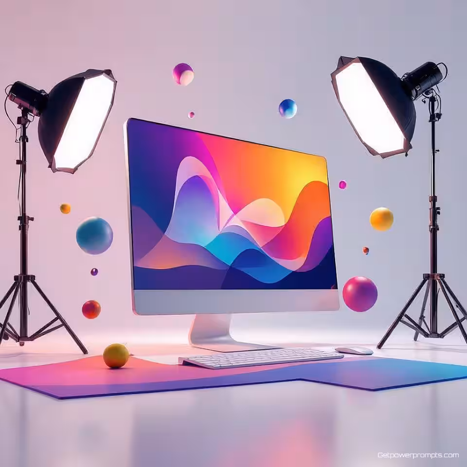 Softwaredienst, geometrische abstracte kunst, 3D-rendering weergave, gradiënt achtergrond, studiobelichting verlichting, pastelkleuren, moderne advertentie-esthetiek, schone lijnen, gestructureerde compositie, professionele displayadvertentie, scherpe focus, commerciële aantrekkingskracht