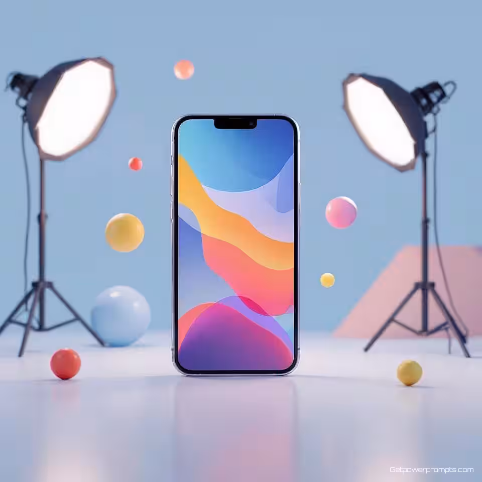 Smartphone, geometrische abstracte kunst, 3D-rendering weergave, gradiënt achtergrond, studiobelichting verlichting, pastelkleuren, moderne advertentie-esthetiek, schone lijnen, gestructureerde compositie, professionele displayadvertentie, scherpe focus, commerciële aantrekkingskracht
