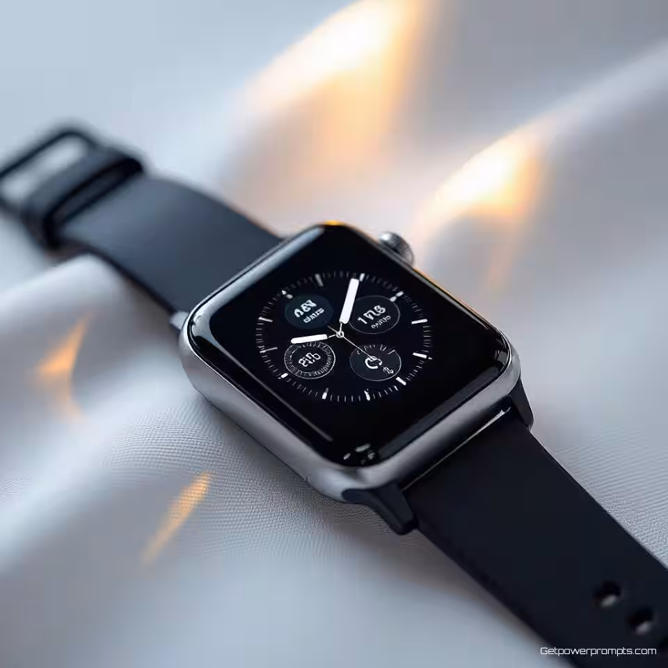 Smartwatch, minimalistische productfotografie, effen wit achtergrond, studiobelichting verlichting, close-up perspectief, schoon esthetisch, commerciële reclame, scherpe focus, monochroom