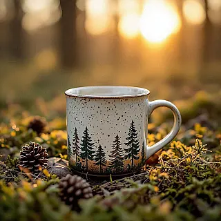 Ambachtelijke koffiemok, natuurgeïnspireerde productfotografie, bosrijke omgeving achtergrond, gouden uur belichting belichting, close-up perspectief perspectief, organische elementen, natuurlijke texturen, commerciële reclame-esthetiek, authentieke natuurintegratie, aarde kleurenpalet, omgevingsharmonie