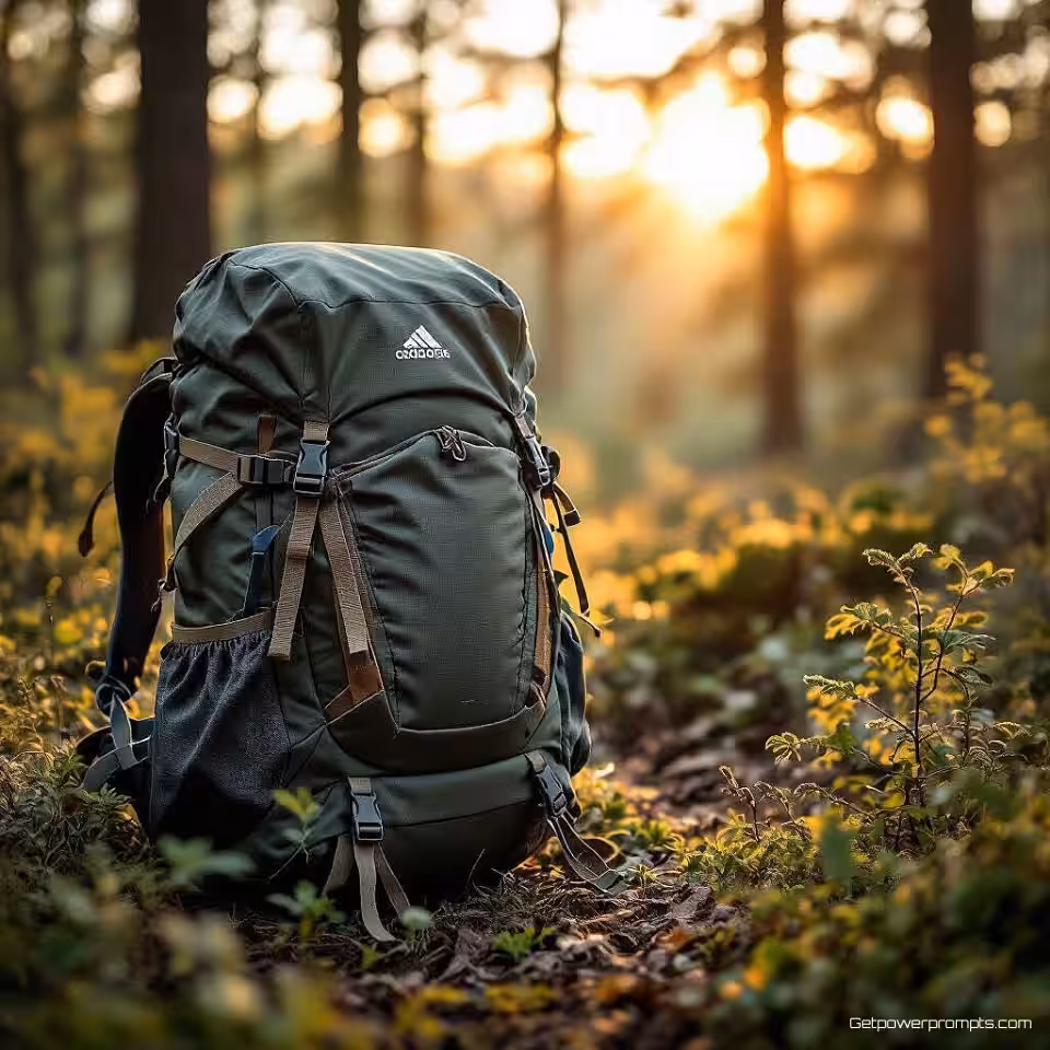 Wandelrugzak, natuurgeïnspireerde productfotografie, bosrijke omgeving achtergrond, gouden uur belichting belichting, close-up perspectief perspectief, organische elementen, natuurlijke texturen, commerciële reclame-esthetiek, authentieke natuurintegratie, aarde kleurenpalet, omgevingsharmonie