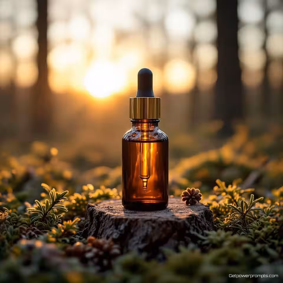 Organische huidverzorgingsserum, natuurgeïnspireerde productfotografie, bosrijke omgeving achtergrond, gouden uur belichting belichting, close-up perspectief perspectief, organische elementen, natuurlijke texturen, commerciële reclame-esthetiek, authentieke natuurintegratie, aarde kleurenpalet, omgevingsharmonie