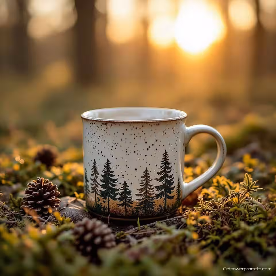 Ambachtelijke koffiemok, natuurgeïnspireerde productfotografie, bosrijke omgeving achtergrond, gouden uur belichting belichting, close-up perspectief perspectief, organische elementen, natuurlijke texturen, commerciële reclame-esthetiek, authentieke natuurintegratie, aarde kleurenpalet, omgevingsharmonie
