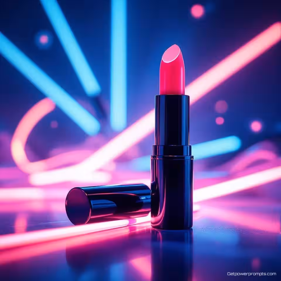 Lippenstift, neon gloed fotografie, donkere studio achtergrond, dramatische verlichting verlichting, elektrisch blauwe tonen, gloeiende elementen, commerciële reclame-esthetiek, donkere sfeer, levendige neon accenten, professionele display advertentie, scherpe focus, dramatische productpresentatie