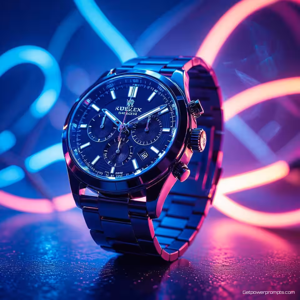 Luxe horloge, neon gloed fotografie, donkere studio achtergrond, dramatische verlichting verlichting, elektrisch blauwe tonen, gloeiende elementen, commerciële reclame-esthetiek, donkere sfeer, levendige neon accenten, professionele display advertentie, scherpe focus, dramatische productpresentatie