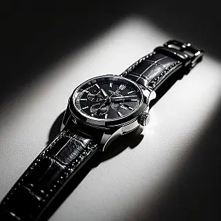 Luxe polshorloge, dramatische productfotografie, dramatische zijbelichting belichting, donkere studio achtergrond achtergrond, sterk schaduwspel, hoog contrast, commerciële reclame, close-up compositie perspectief, scherpe focus, dramatische sfeer atmosfeer, artistieke productpresentatie