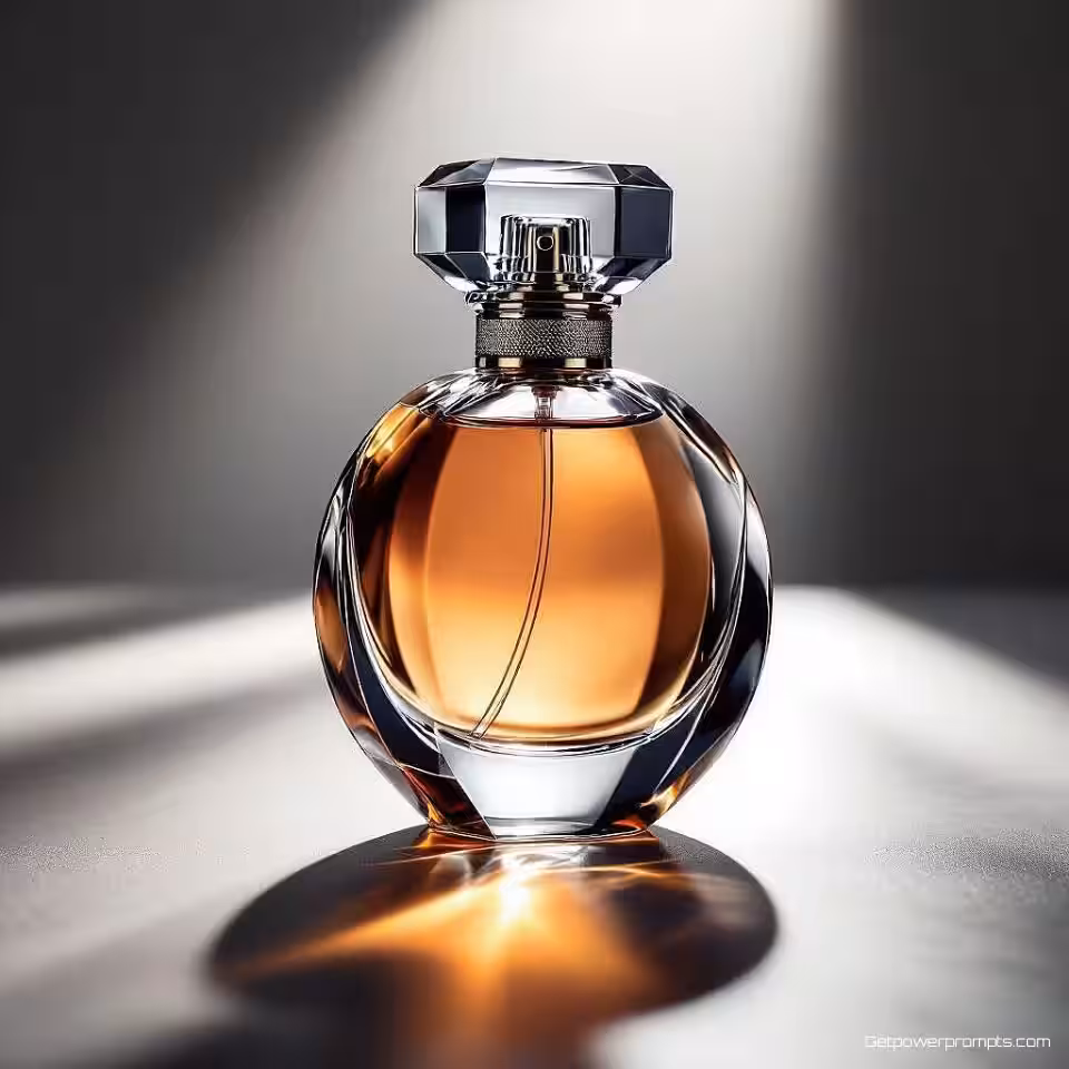 Parfumflesje, dramatische productfotografie, dramatische zijbelichting belichting, donkere studio achtergrond achtergrond, sterk schaduwspel, hoog contrast, commerciële reclame, close-up compositie perspectief, scherpe focus, dramatische sfeer atmosfeer, artistieke productpresentatie