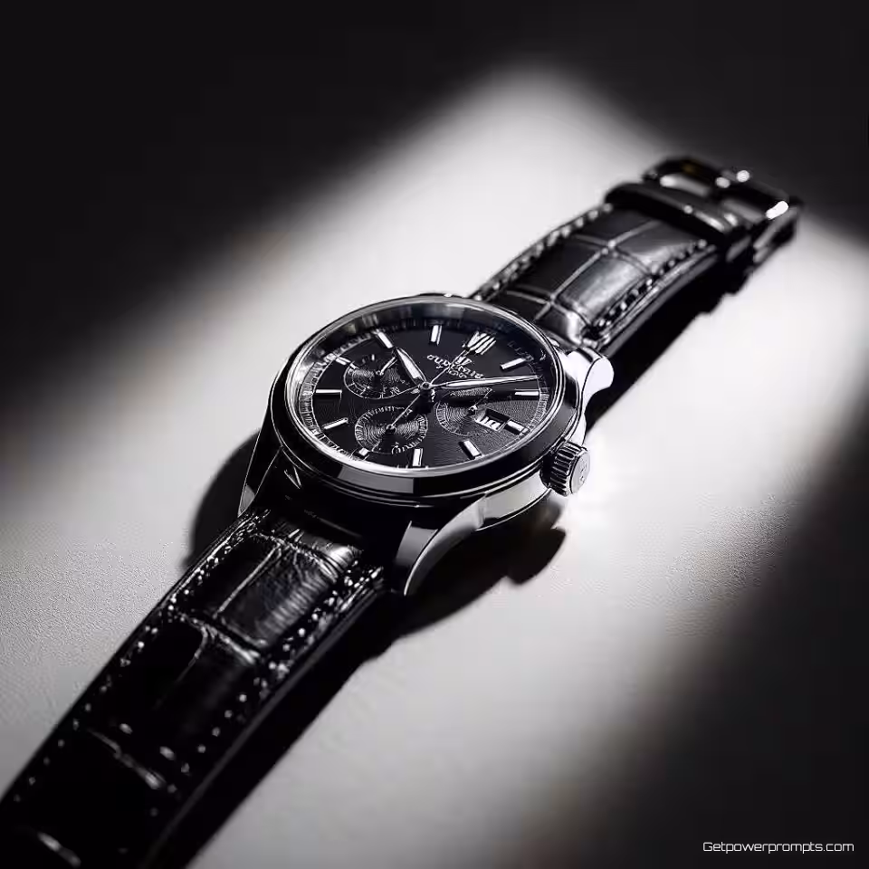 Luxe polshorloge, dramatische productfotografie, dramatische zijbelichting belichting, donkere studio achtergrond achtergrond, sterk schaduwspel, hoog contrast, commerciële reclame, close-up compositie perspectief, scherpe focus, dramatische sfeer atmosfeer, artistieke productpresentatie