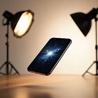 Smartphone, zwevende productfotografie, studio achtergrond, studioverlichting verlichting, vogelperspectief perspectief, zwevende elementen, commerciële reclame-esthetiek, scherpe focus, pastelkleuren, magische sfeer, professionele displayadvertentie, gewichtloze productpresentatie