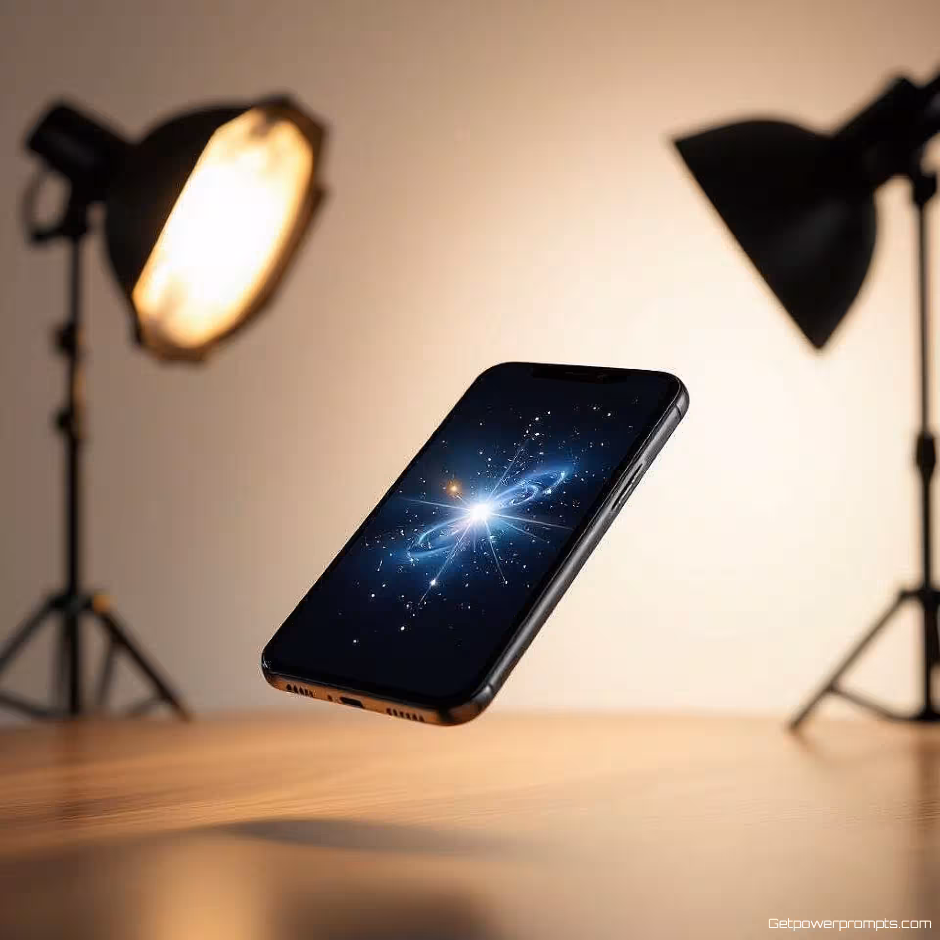 Smartphone, zwevende productfotografie, studio achtergrond, studioverlichting verlichting, vogelperspectief perspectief, zwevende elementen, commerciële reclame-esthetiek, scherpe focus, pastelkleuren, magische sfeer, professionele displayadvertentie, gewichtloze productpresentatie