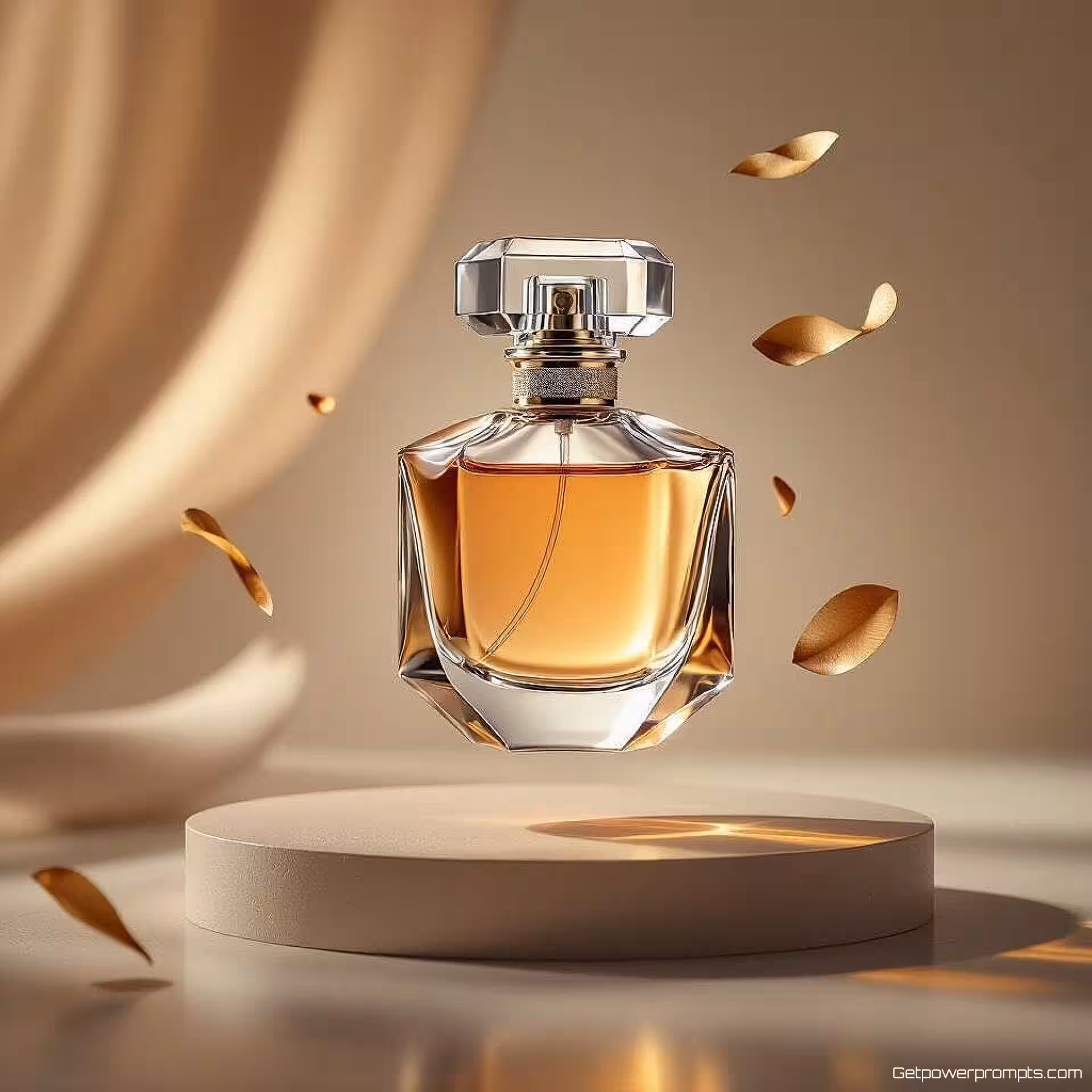 Parfumflesje, zwevende productfotografie, studio achtergrond, studioverlichting verlichting, vogelperspectief perspectief, zwevende elementen, commerciële reclame-esthetiek, scherpe focus, pastelkleuren, magische sfeer, professionele displayadvertentie, gewichtloze productpresentatie