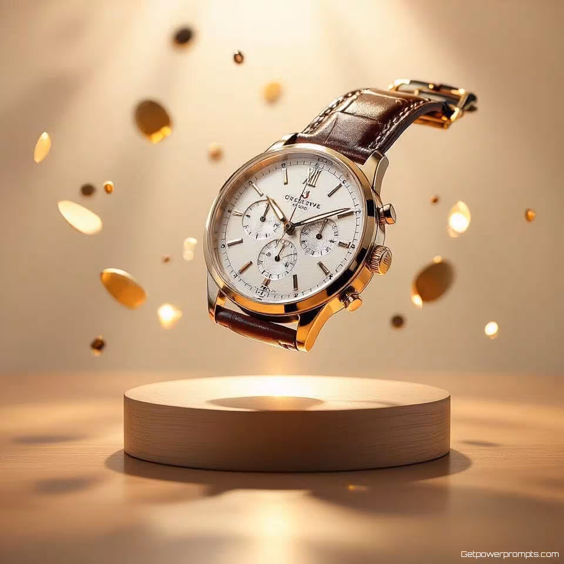 Horloge, zwevende productfotografie, studio achtergrond, studioverlichting verlichting, vogelperspectief perspectief, zwevende elementen, commerciële reclame-esthetiek, scherpe focus, pastelkleuren, magische sfeer, professionele displayadvertentie, gewichtloze productpresentatie