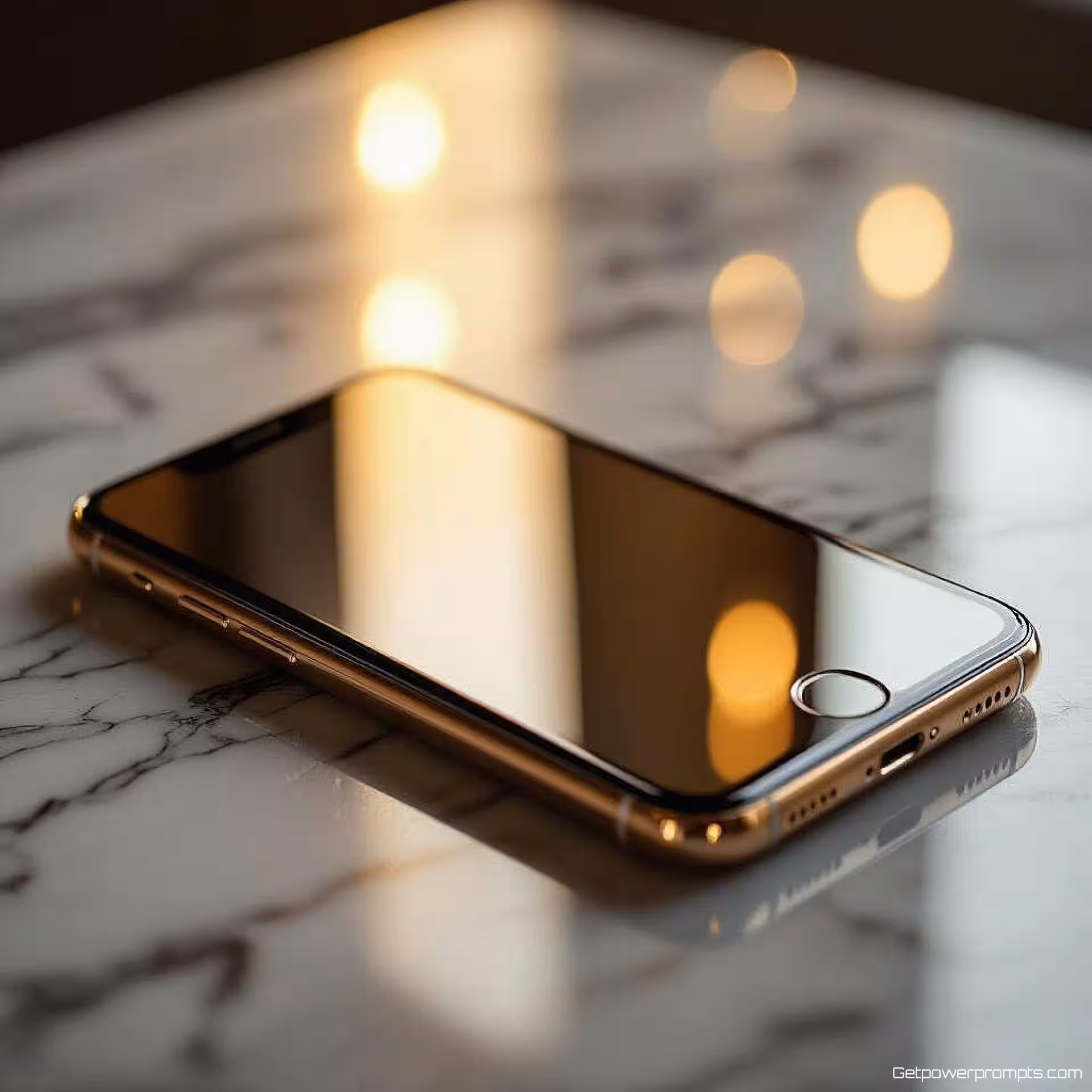 Premium smartphone, reflectiefotografie, marmeren oppervlak achtergrond, professionele studiobelichting belichting, close-up compositie perspectief, gespiegeld oppervlak, commerciële reclame-esthetiek, scherpe focus, monochroom kleurenschema, elegante productreflectie, professionele displayadvertentie