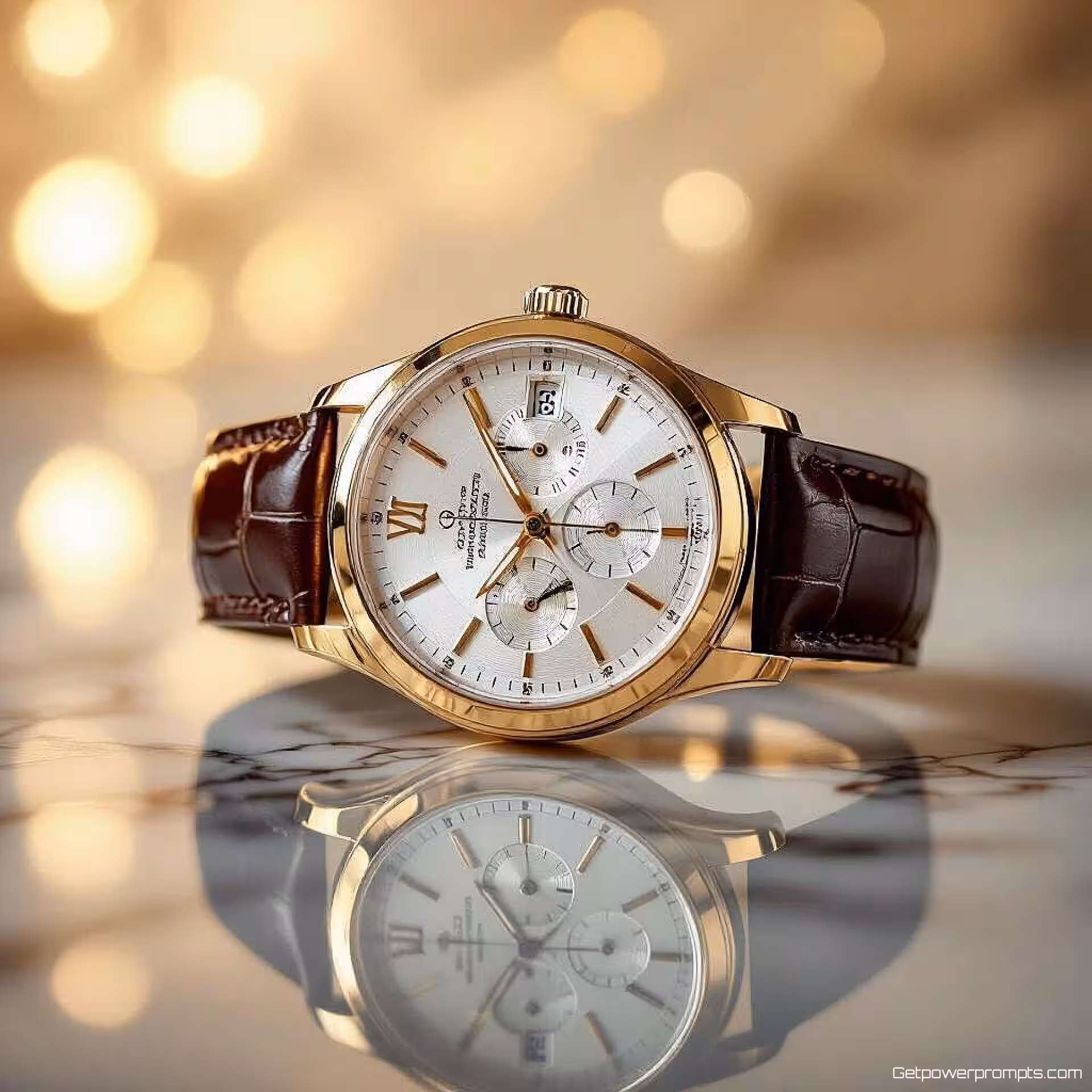 Luxe polshorloge, reflectiefotografie, marmeren oppervlak achtergrond, professionele studiobelichting belichting, close-up compositie perspectief, gespiegeld oppervlak, commerciële reclame-esthetiek, scherpe focus, monochroom kleurenschema, elegante productreflectie, professionele displayadvertentie