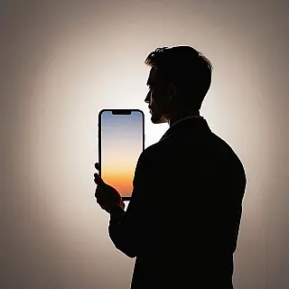 Smartphone, silhouetfotografie, verloop achtergrond, tegenlicht verlichting, close-up perspectief, commerciële reclame-esthetiek, scherpe focus, monochroom, dramatische productomtrek, professionele displayadvertentie, minimalistische productpresentatie, hoog contrast verlichting
