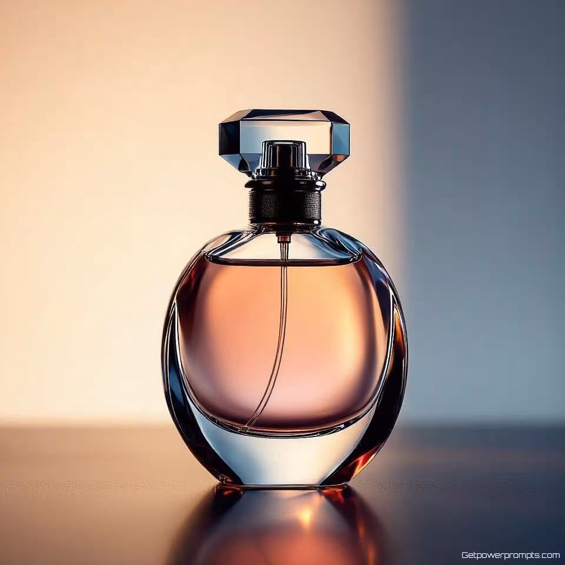 Parfumflesje, silhouetfotografie, verloop achtergrond, tegenlicht verlichting, close-up perspectief, commerciële reclame-esthetiek, scherpe focus, monochroom, dramatische productomtrek, professionele displayadvertentie, minimalistische productpresentatie, hoog contrast verlichting