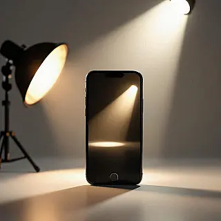 Premium smartphone, spotlight fotografie, donkere studioachtergrond achtergrond, dramatische spotlight verlichting, close-up compositie perspectief, dramatische productisolatie, commerciële reclame-esthetiek, scherpe focus, monochroom kleurenschema, professionele display advertentie, nadruk op enkele lichtbron, theatrale presentatie