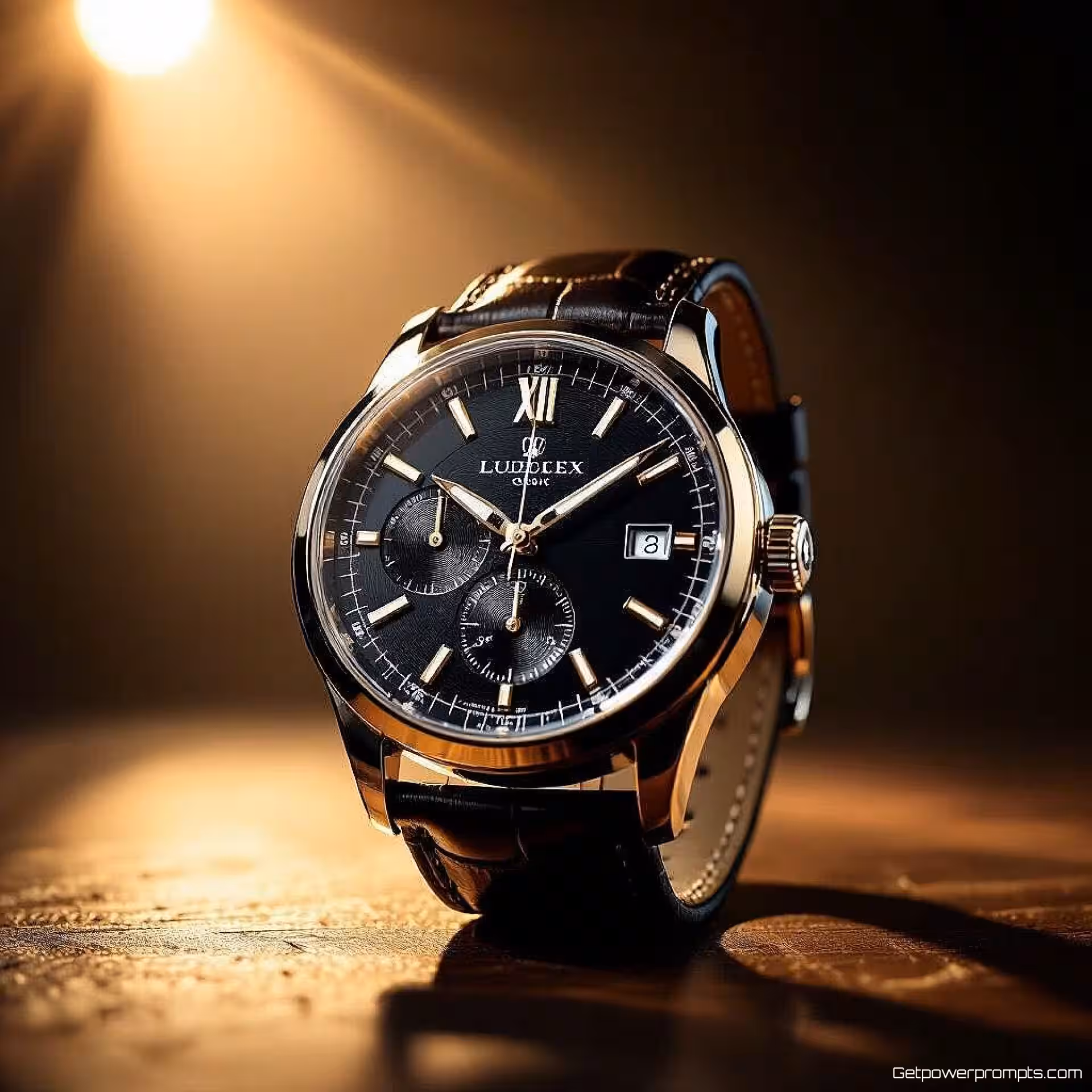Luxe polshorloge, spotlight fotografie, donkere studioachtergrond achtergrond, dramatische spotlight verlichting, close-up compositie perspectief, dramatische productisolatie, commerciële reclame-esthetiek, scherpe focus, monochroom kleurenschema, professionele display advertentie, nadruk op enkele lichtbron, theatrale presentatie