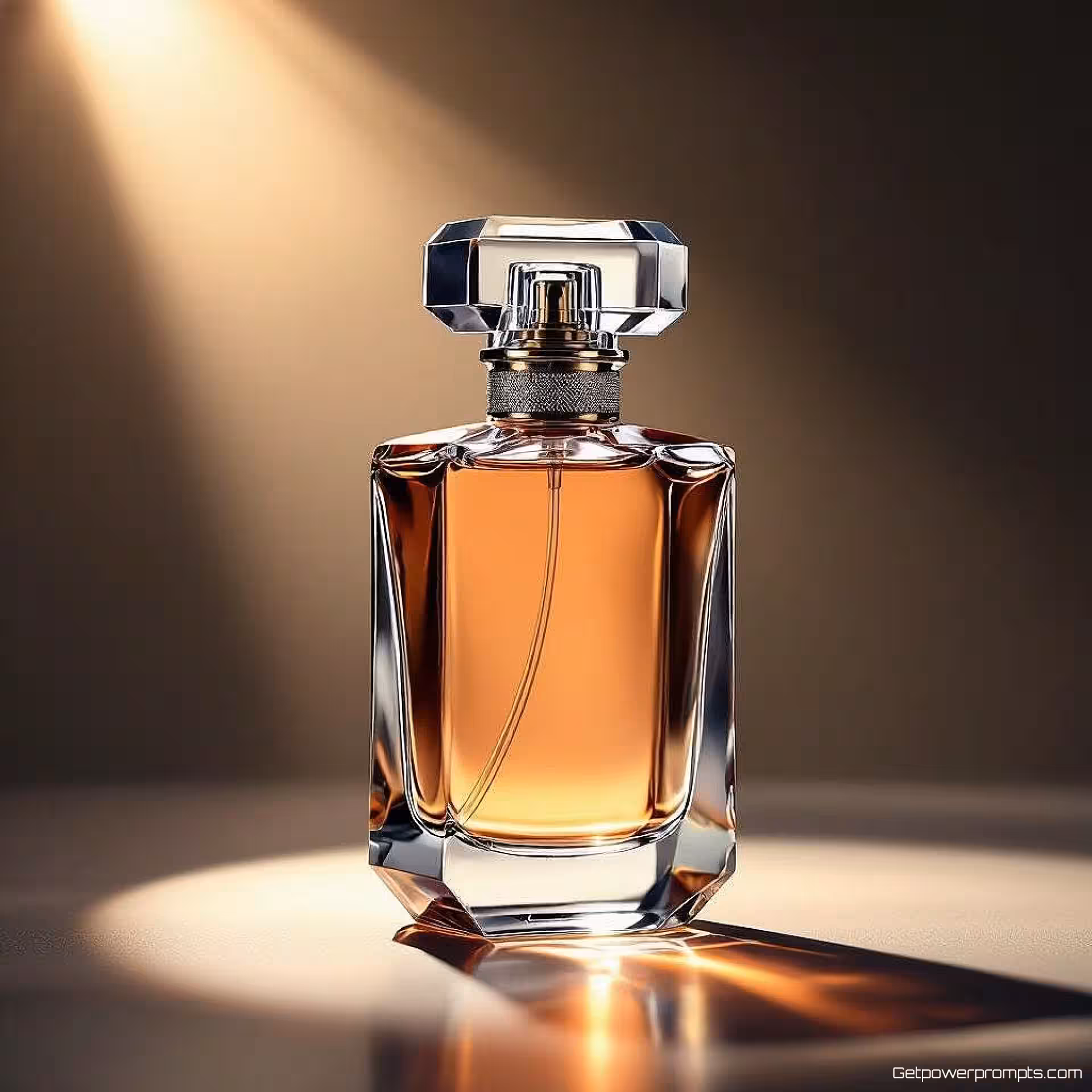 Parfumflesje, spotlight fotografie, donkere studioachtergrond achtergrond, dramatische spotlight verlichting, close-up compositie perspectief, dramatische productisolatie, commerciële reclame-esthetiek, scherpe focus, monochroom kleurenschema, professionele display advertentie, nadruk op enkele lichtbron, theatrale presentatie